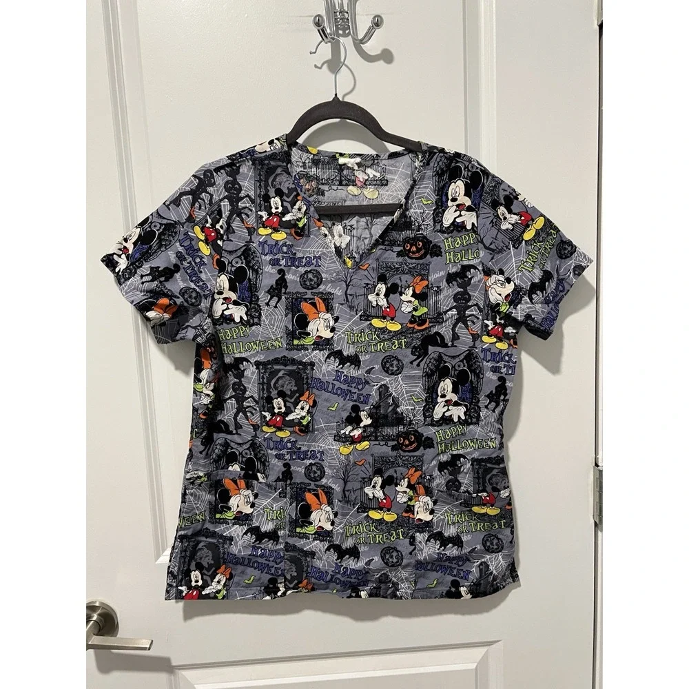 Disney Halloween Scrub Top Minnie Mickey Mouse Nursing Vet Tech Estimated Large